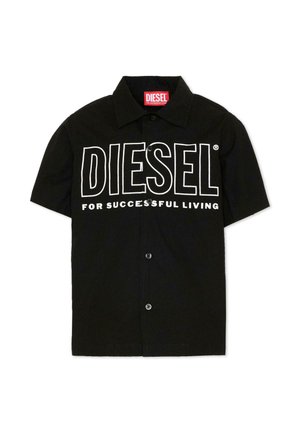 Camicia nera a maniche corte con bottoni, testo bianco "DIESEL FOR SUCCESSFUL LIVING" sulla parte anteriore e colletto a punta.
