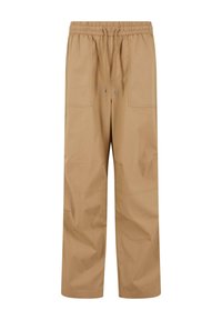 Tan cargo pants with an elastic waistband, drawstring closure, and two large side pockets. Fabric appears smooth with a relaxed fit.