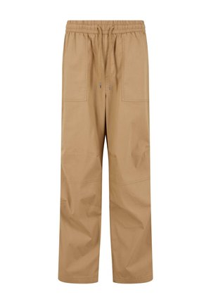 Bež cargo hlače s elastičnim pojasom, zatvaranjem na vezicu i dva velika bočna džepa. Tkanina izgleda glatko i ima opušteni kroj.