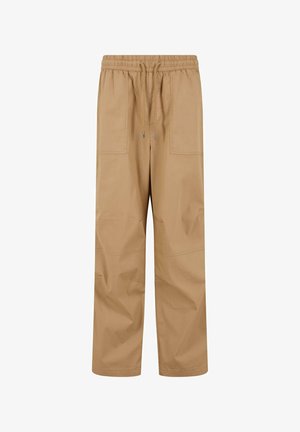 Kreminės spalvos cargo kelnės su elastinga juosmeniu, virvute ir dviem dideliais šoniais kišenių. Audinys atrodo lygus, o siluetas laisvas.