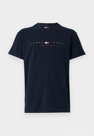 Marineblaue Baumwoll-T-Shirt mit kurzen Ärmeln. Beinhaltet einen Logodruck mit "TOMMY JEANS" und "NEW YORK CITY" in weißem und rotem Text. Klassischer Rundhalsausschnitt.