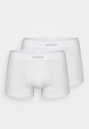 Biele bavlnené boxerské šortky s priliehavým strihom, elastickým pásom s potlačou "SLOGGI" v svetlosivej farbe a bez viditeľných vzorov. Súčasťou balenia sú dva kusy.
