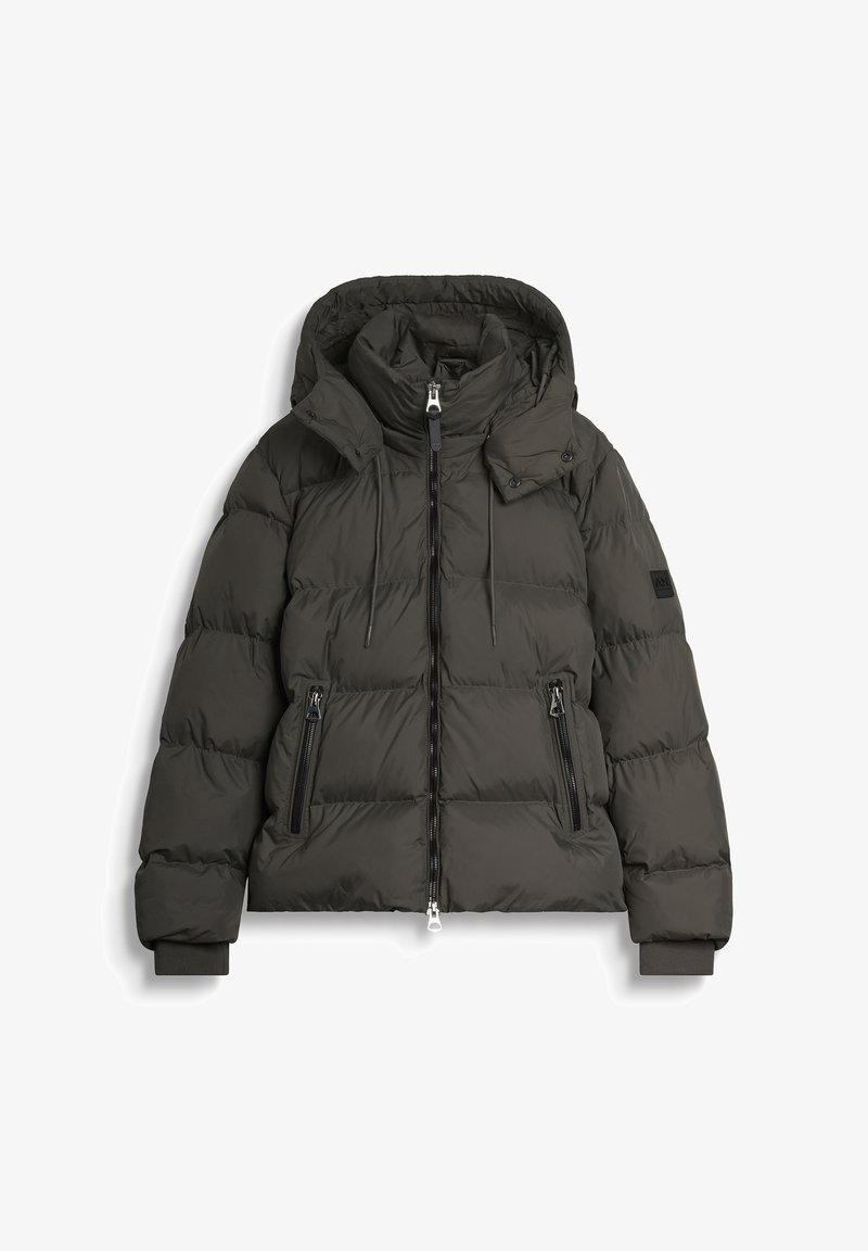 Chaqueta tipo plumón en verde oscuro, con capucha, cuello alto, dos bolsillos frontales con cremallera y puños acanalados. Textura acolchada en todo su cuerpo.