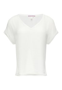 Blouse blanche à manches courtes pour femme avec encolure en V, coupe ample et tissu léger.