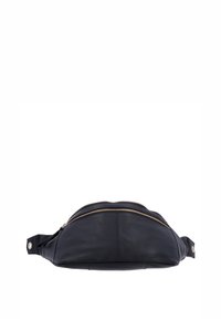 Schwarze Leder-Bauchtasche mit goldenem Reißverschluss und verstellbarem Riemen mit Druckknopfverschlüssen auf weißem Hintergrund.