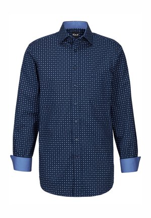 Marineblaue Knopfleiste mit einem geometrischen, hellblauen Punktmuster. Verfügt über einen einfarbigen hellblauen Kragen und Akzente an den Manschetten.