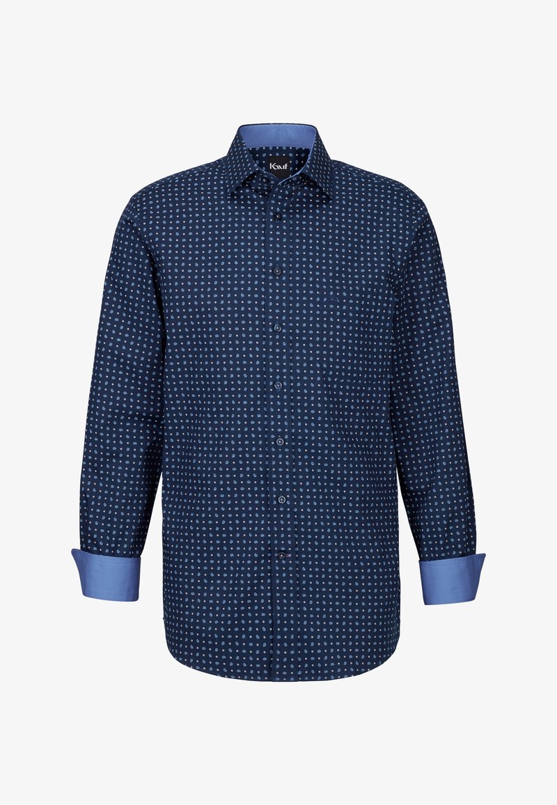 Camicia abbottonata blu navy con un motivo geometrico a pois blu chiaro. Presenta un colletto e dei polsini in blu chiaro solide.