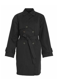 Trench-coat noir à double boutonnage avec col, taille ceinturée, poignets boutonnés et détail à rabat à l'avant, longueur genou.