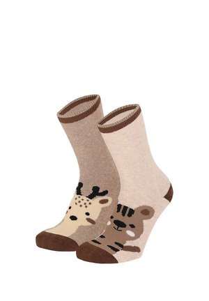 Pair of mid-calf socks in beige tones featuring a cartoon deer on one and a cartoon tiger on the other, both with brown accents.