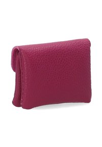 Small textured leather wallet in bright magenta with a folded design and visible side seams on white background.