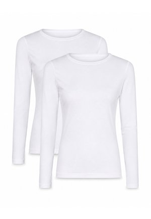 Two plain white long-sleeve crew neck shirts, one slightly behind the other, displayed on a white background.