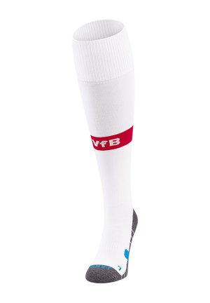 Weißer knielanger Strumpf mit einem roten Streifen nahe dem oberen Rand und grauen Zehen- und Fersenbereichen, der technische Strickdetails zeigt.