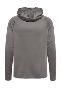 Grauer Kapuzenpullover mit langen Ärmeln, von hinten gezeigt, mit glattem Stoff und ohne sichtbare Logos oder Designs.