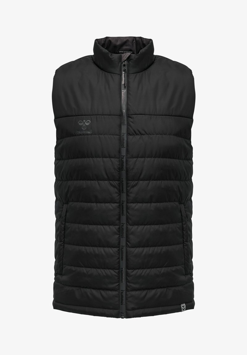 Veste sans manches noire matelassée avec col montant, fermeture éclair frontale, deux poches latérales, et logo discret de la marque sur la poitrine et la fermeture éclair.