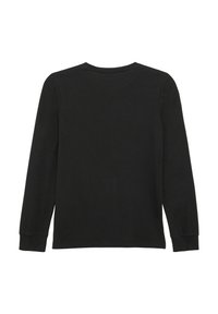 Zwarte langmouw crew neck shirt plat gelegd, met de achterkant zichtbaar, met opgerolde mouwen en een eenvoudige, gladde stofstructuur.