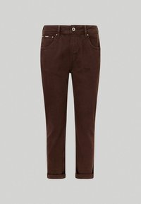 Pantaloni di denim marrone con taglio dritto, dotati di tasche anteriori, orlo arrotolato e chiusura classica con bottone, realizzati in tessuto di cotone.