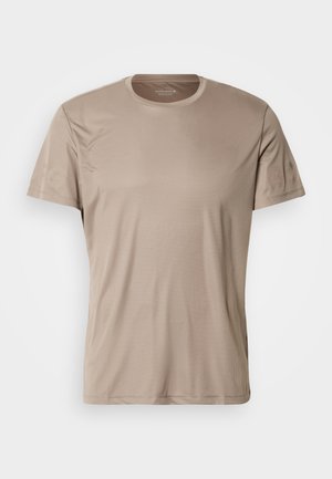 Beiges T-Shirt mit kurzen Ärmeln aus strukturiertem Stoff, mit Rundhalsausschnitt und dezentem Logodetail am linken Ärmel.