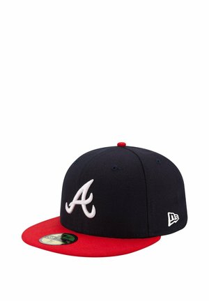 Navy blue baseball cap with a red brim, featuring a white embroidered "A" logo on the front and New Era logo on the side.