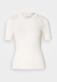 Pull Lacoste blanc à manches courtes en maille côtelée, col rond et petit logo brodé sur la poitrine gauche.