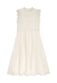 Spitzen- und Stoffkleid in Elfenbeinweiß. Mit hohem Kragen, gerafften Ärmeln und einem ausgestellten, knielangen Rock mit strukturierten Details.