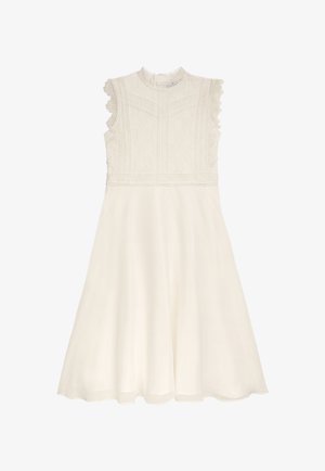 Spitzen- und Stoffkleid in Elfenbeinweiß. Mit hohem Kragen, gerafften Ärmeln und einem ausgestellten, knielangen Rock mit strukturierten Details.