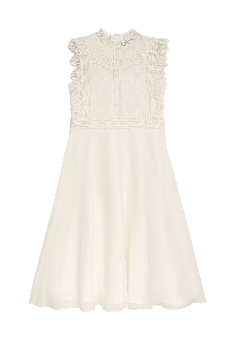 Spitzen- und Stoffkleid in Elfenbeinweiß. Mit hohem Kragen, gerafften Ärmeln und einem ausgestellten, knielangen Rock mit strukturierten Details.