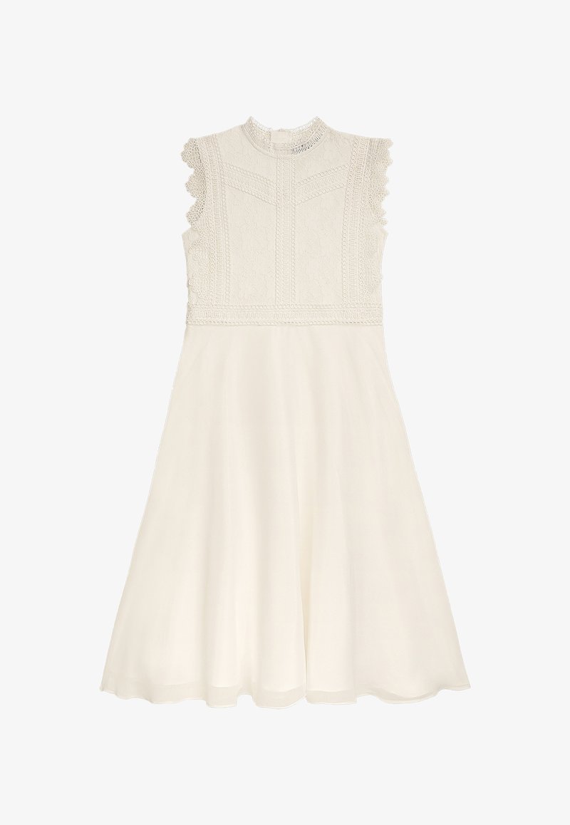 Spitzen- und Stoffkleid in Elfenbeinweiß. Mit hohem Kragen, gerafften Ärmeln und einem ausgestellten, knielangen Rock mit strukturierten Details.