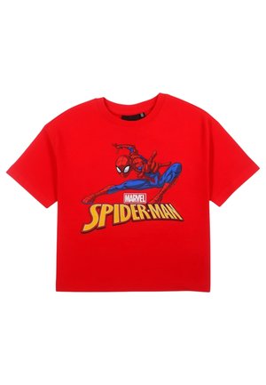 T-shirt rouge à manches courtes avec un graphisme de Spider-Man en position accroupie et le texte « Marvel Spider-Man » en dessous.