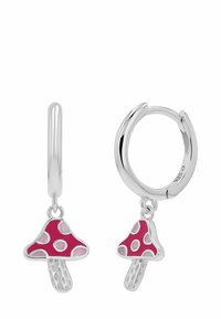 Orecchini a cerchio in argento con ciondoli a forma di fungo rosa con accenti circolari bianchi e steli testurizzati. Design leggero per un facile utilizzo.
