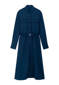 Langärmliges Hemdkleid in Marineblau mit vorderem Knopfverschluss, zwei Brusttaschen, Kragen und einem gerafften Gürtel mit einem Metallschnellverschluss in der Taille.
