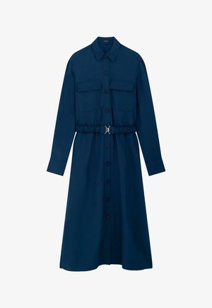 Mouwloze navy blauwe jurk met knopen aan de voorkant, twee borstzakken, kraag, en een verzamelde riem met een metalen sluiting in de taille.