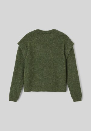 Pull en maille verte avec un col rond, des manches longues et une coupe décontractée et courte, offrant une texture douce et un design minimal.