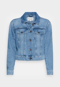 Ljusblå jeansjacka med en figursydd silhuett, knappstängning framtill, två bröstfickor och en klassisk krage. Slitet utseende synligt.