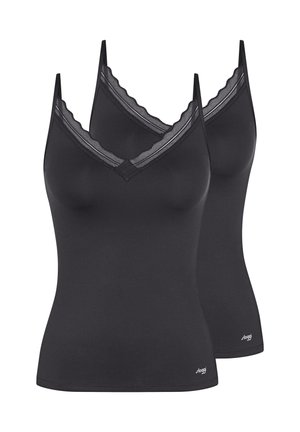 Zwei schwarze ärmellose Camisoles mit spitzenbesetzten V-Ausschnitten und dünnen Schulterträgern, gebrandmarkt mit einem kleinen weißen Logo nahe dem Saum.