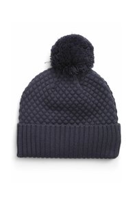Knitted navy beanie with a textured pattern, ribbed cuff; topped with a fluffy pom-pom for added detail.