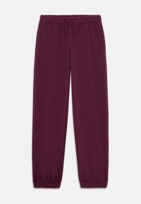 Bordeaux joggebukser med elastisk midje og justerbar snor. Har avsmalnede ben med elastiske mansjetter. Glatt tekstur, lett materiale.