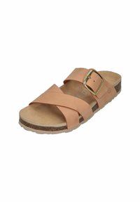 Tan leather slide sandal featuring two wide, crossed straps, a rectangular metal buckle, and a textured cork footbed with rubber outsole.