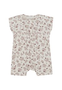 Blommig jumpsuit i krämfärgad tyg med korta ärmar, prydd med ett delikat rött blommönster, veck och en integrerad etikett i fållen.