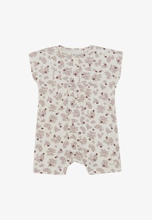 Bloemige jumpsuit in crèmekleurige stof met korte mouwen, voorzien van een delicaat rood bloemenpatroon, plooien en een geïntegreerd label aan de zoom.