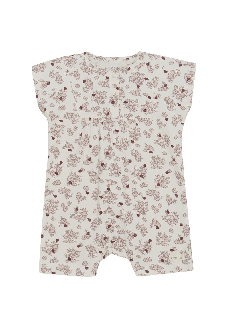 Blommig jumpsuit i krämfärgad tyg med korta ärmar, prydd med ett delikat rött blommönster, veck och en integrerad etikett i fållen.