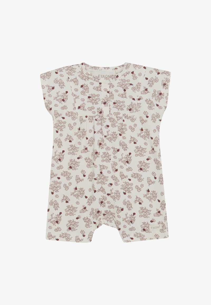 Romper fleuri en tissu crème avec des manches courtes, présentant un délicat motif floral rouge, des plis et une étiquette intégrée en bas.
