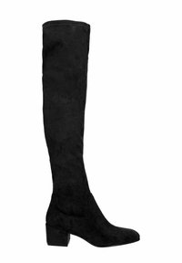 Zwarte over-de-knie laarzen van suede, met een blokhak, punttip en een gladde textuur zonder zichtbare versieringen.
