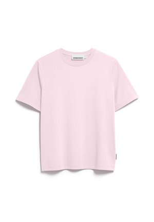 Lichtroze katoenen T-shirt met korte mouwen, ronde hals, rechte zoom en een klein stoffen label in de zijnaad.