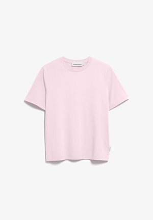 Lichtroze katoenen T-shirt met korte mouwen, ronde hals, rechte zoom en een klein stoffen label in de zijnaad.