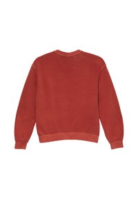 Langärmliger rustfarbener Pullover mit gerippten Bündchen, einem Bund und Rundhalsausschnitt, von hinten auf einem weißen Hintergrund gezeigt.