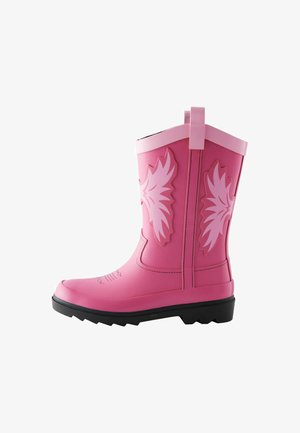 Vaaleanpunaiset kumisaappaat, joissa on sileä pinta, kohokuosiset lehtimuotoilut, erottuva vaaleanpunainen yläreuna ja musta pohja, joka tarjoaa pitävän otteen.