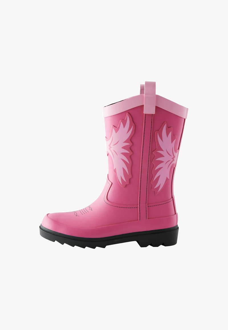 Růžová gumová deštník s hladkým povrchem, zdobený reliéfními návrhy listů, s kontrastním růžovým vrchním páskem a černou podrážkou pro trakci.