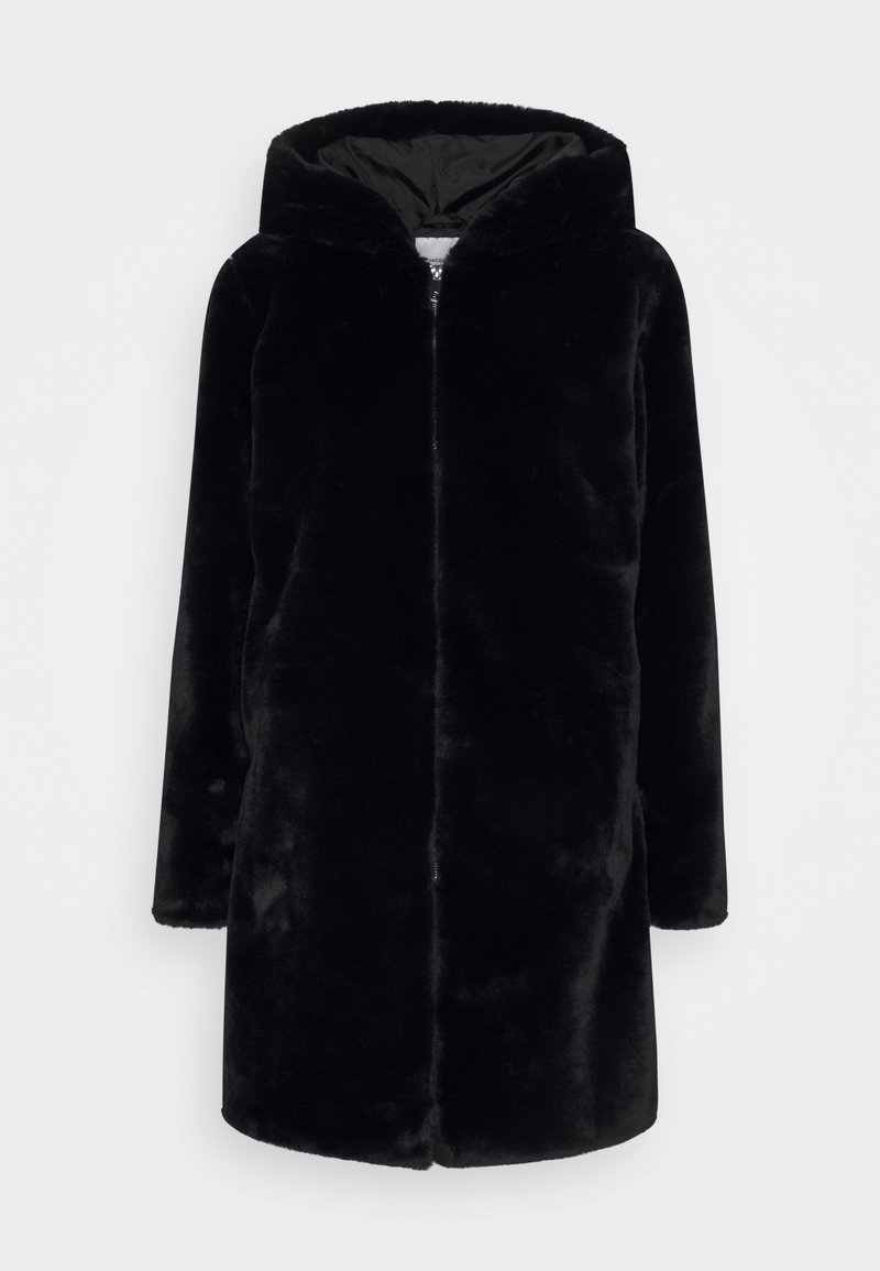 Manteau à capuche en fausse fourrure noire avec de longues manches et fermeture éclair à l'avant, présenté sur un fond clair.