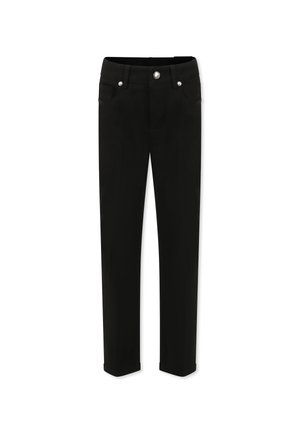 Zwarte broek met een slim fit, met een gladde textuur, vijf-pocketontwerp en zilverkleurige hardware aan de voorkant.