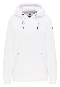 Sudadera blanca con capucha y cordones, bolsillo frontal, puños y dobladillo acanalados, que presenta un logo sutil en el pecho y acentos negros.
